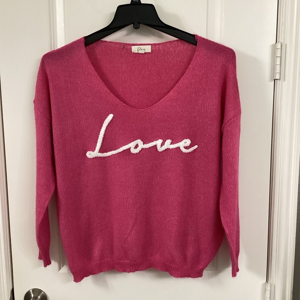 Elan Pink V-Neck Sweater with Love Design